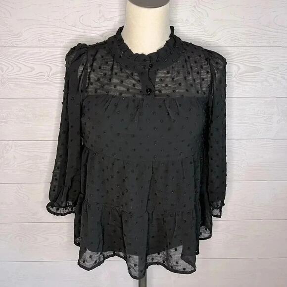 Monteau Los Angeles black sheer layered Swiss Dot top Size Small - Picture 1 of 6
